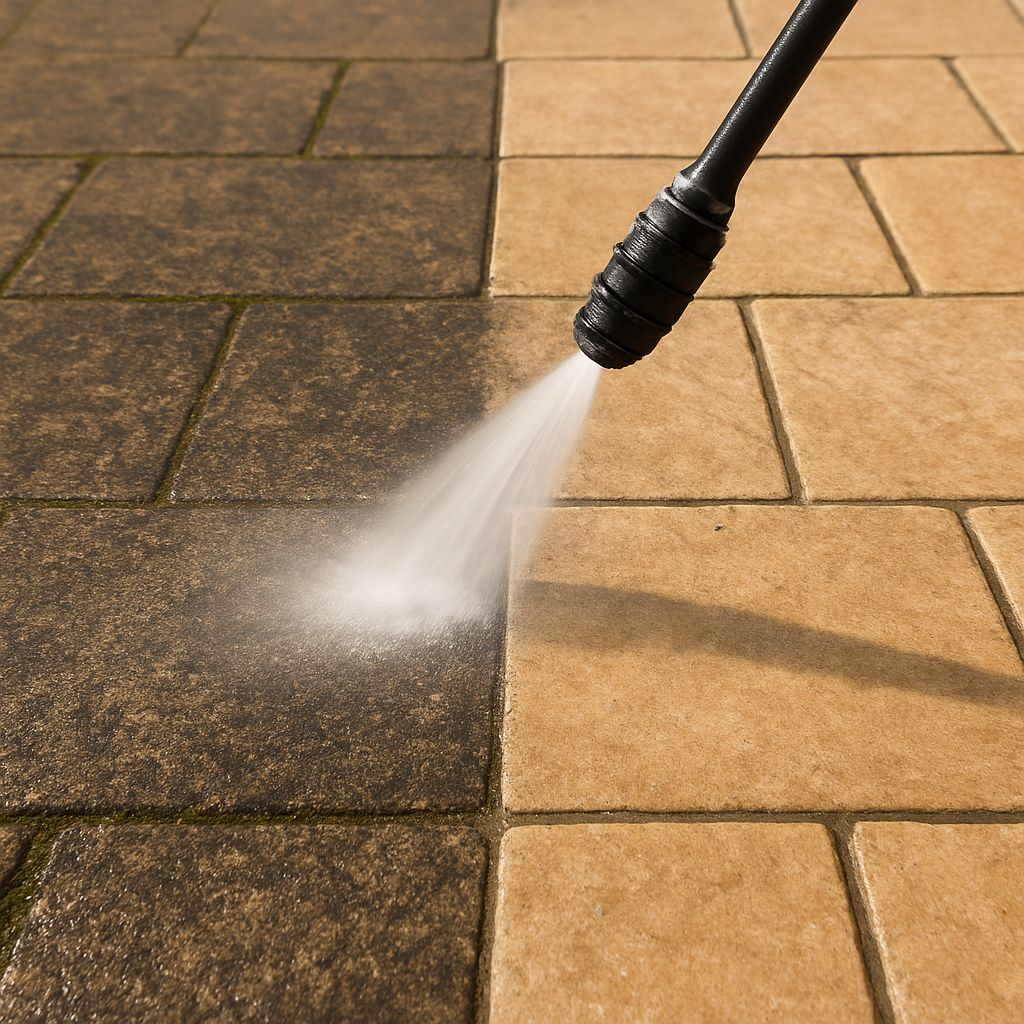 Resultado real de limpeza a alta pressão de calçada exterior em Lisboa